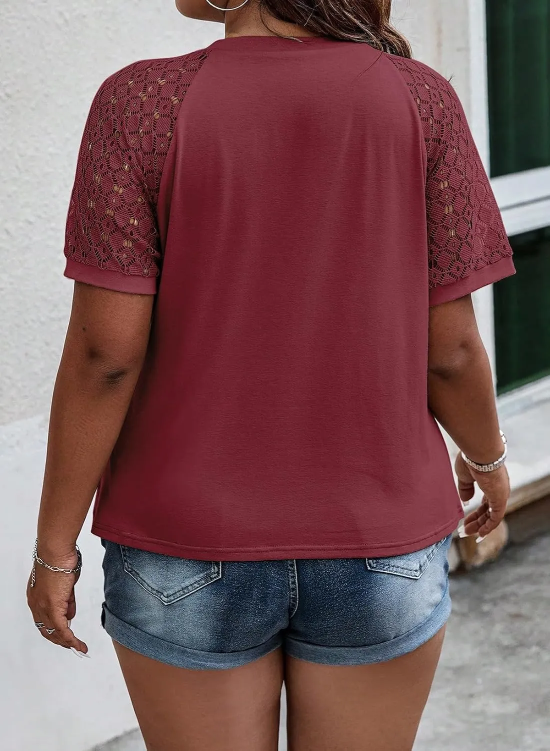 Eytino Plus Size Tops for Women Summer Lace Short Sleeve Crewneck Loose Casual Blouse Tunic T Shirts(1X-5X)