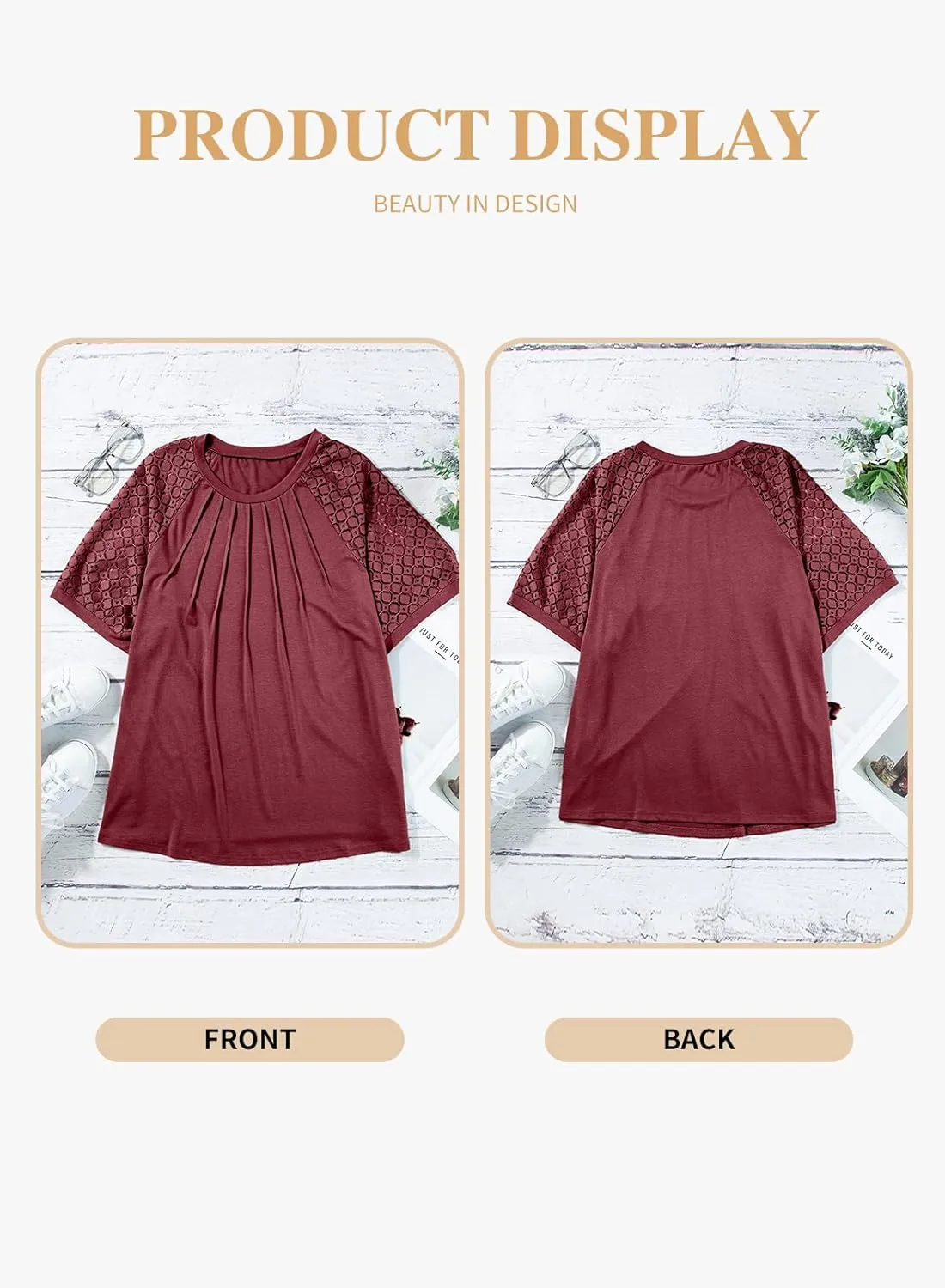 Eytino Plus Size Tops for Women Summer Lace Short Sleeve Crewneck Loose Casual Blouse Tunic T Shirts(1X-5X)
