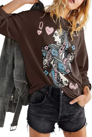 Fazortev Womens Crewneck Graphic Sweatshirts Queen Of Hearts Long Sleeve Shirts Cute Loose Fit Casual Pullover Tops