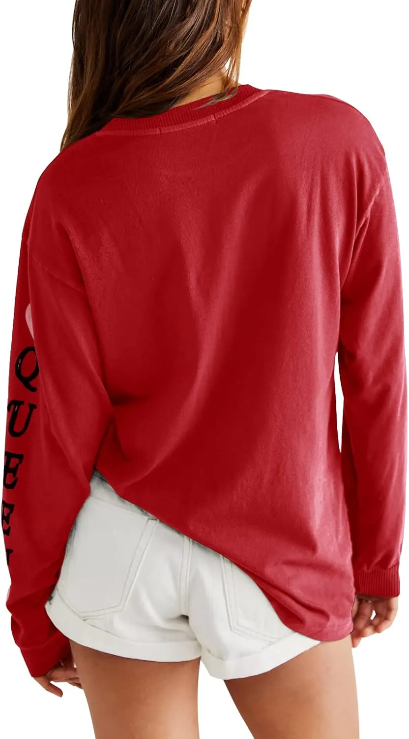 Fazortev Womens Crewneck Graphic Sweatshirts Queen Of Hearts Long Sleeve Shirts Cute Loose Fit Casual Pullover Tops