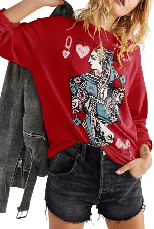 Fazortev Womens Crewneck Graphic Sweatshirts Queen Of Hearts Long Sleeve Shirts Cute Loose Fit Casual Pullover Tops