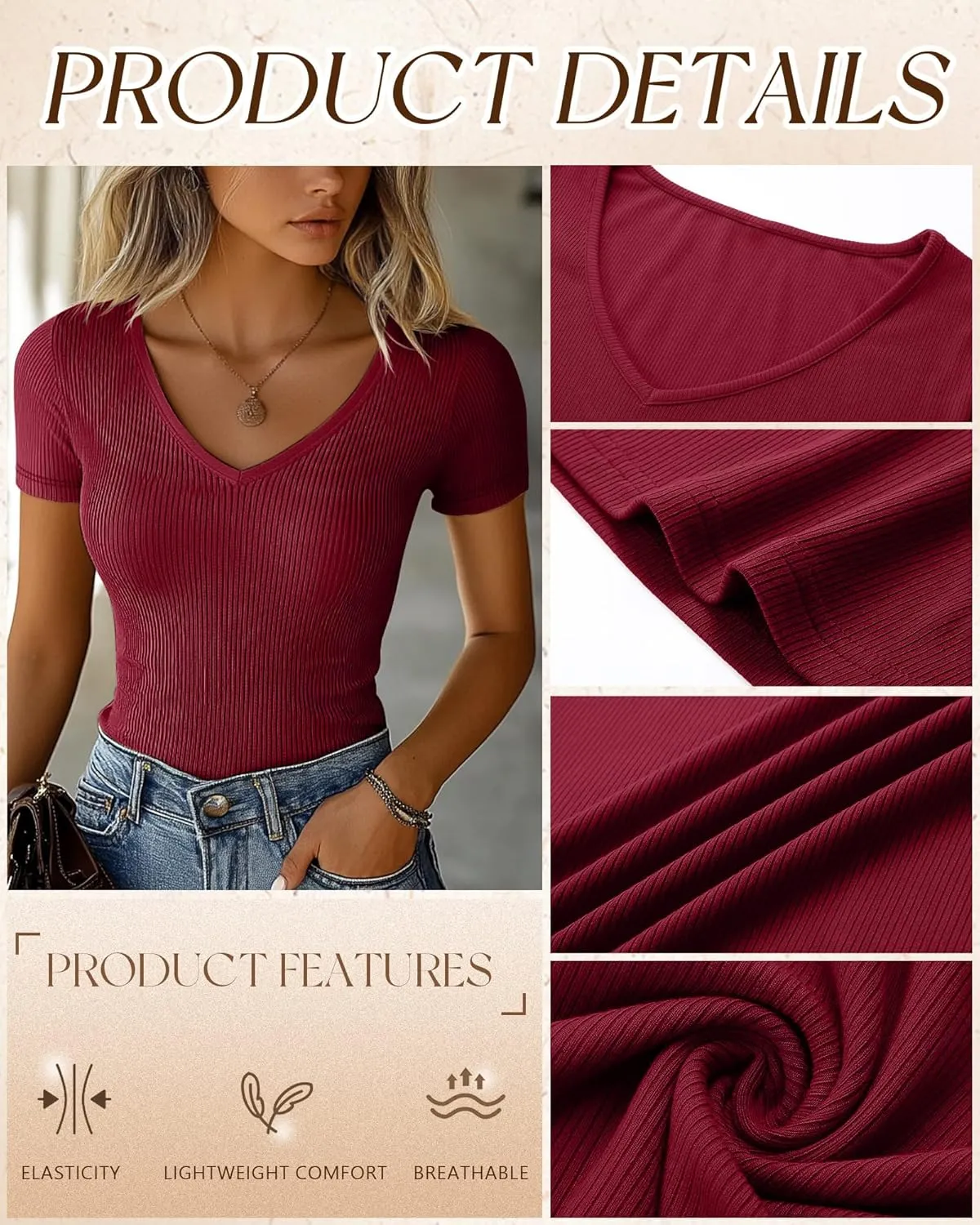 Ficerd 3 Pack Women's Short Sleeve Cotton T-Shirts V Neck Ribbed Slim Fit Tops Ladies' Casual Summer Basic Tee
