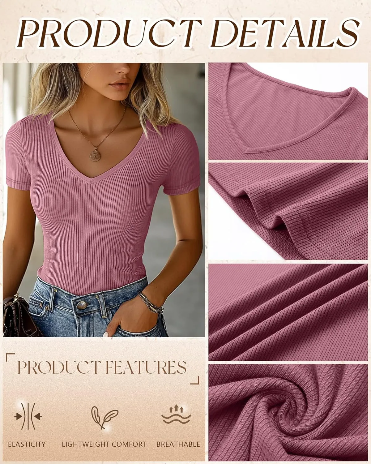 Ficerd 3 Pack Women's Short Sleeve Cotton T-Shirts V Neck Ribbed Slim Fit Tops Ladies' Casual Summer Basic Tee