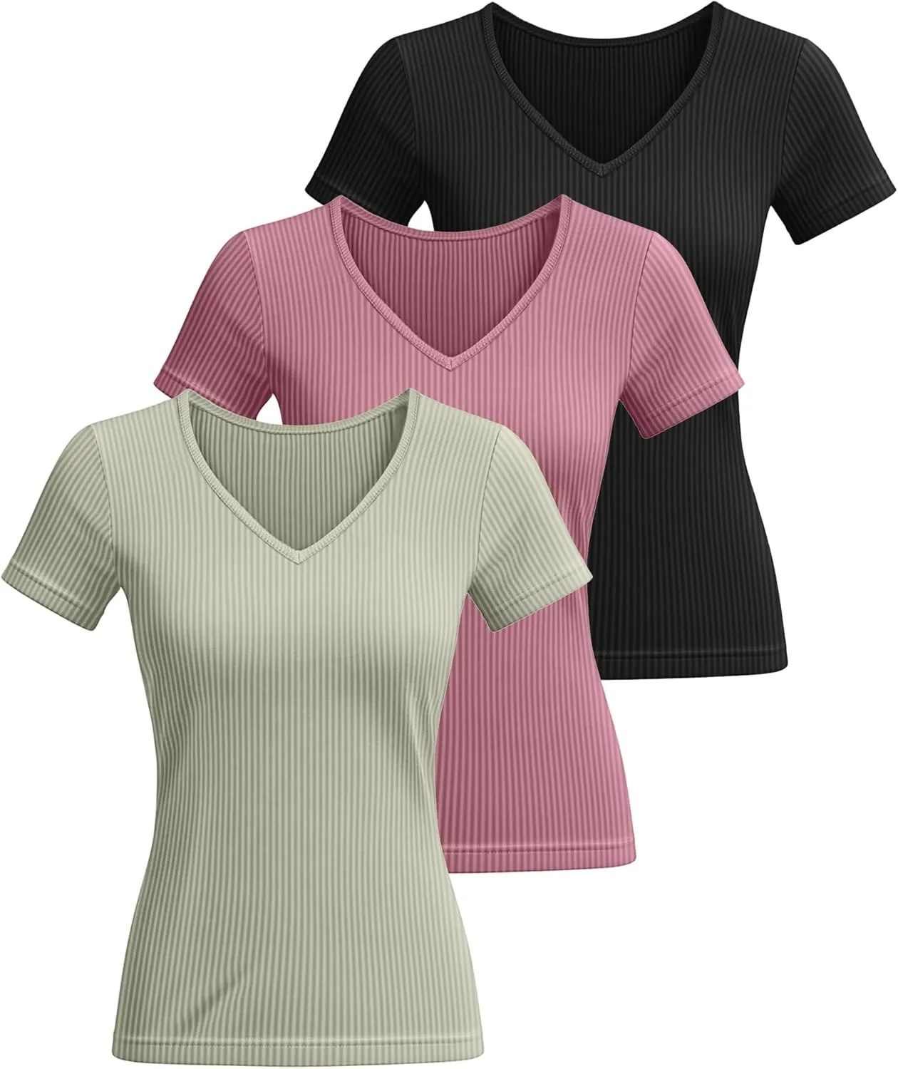 Ficerd 3 Pack Women's Short Sleeve Cotton T-Shirts V Neck Ribbed Slim Fit Tops Ladies' Casual Summer Basic Tee