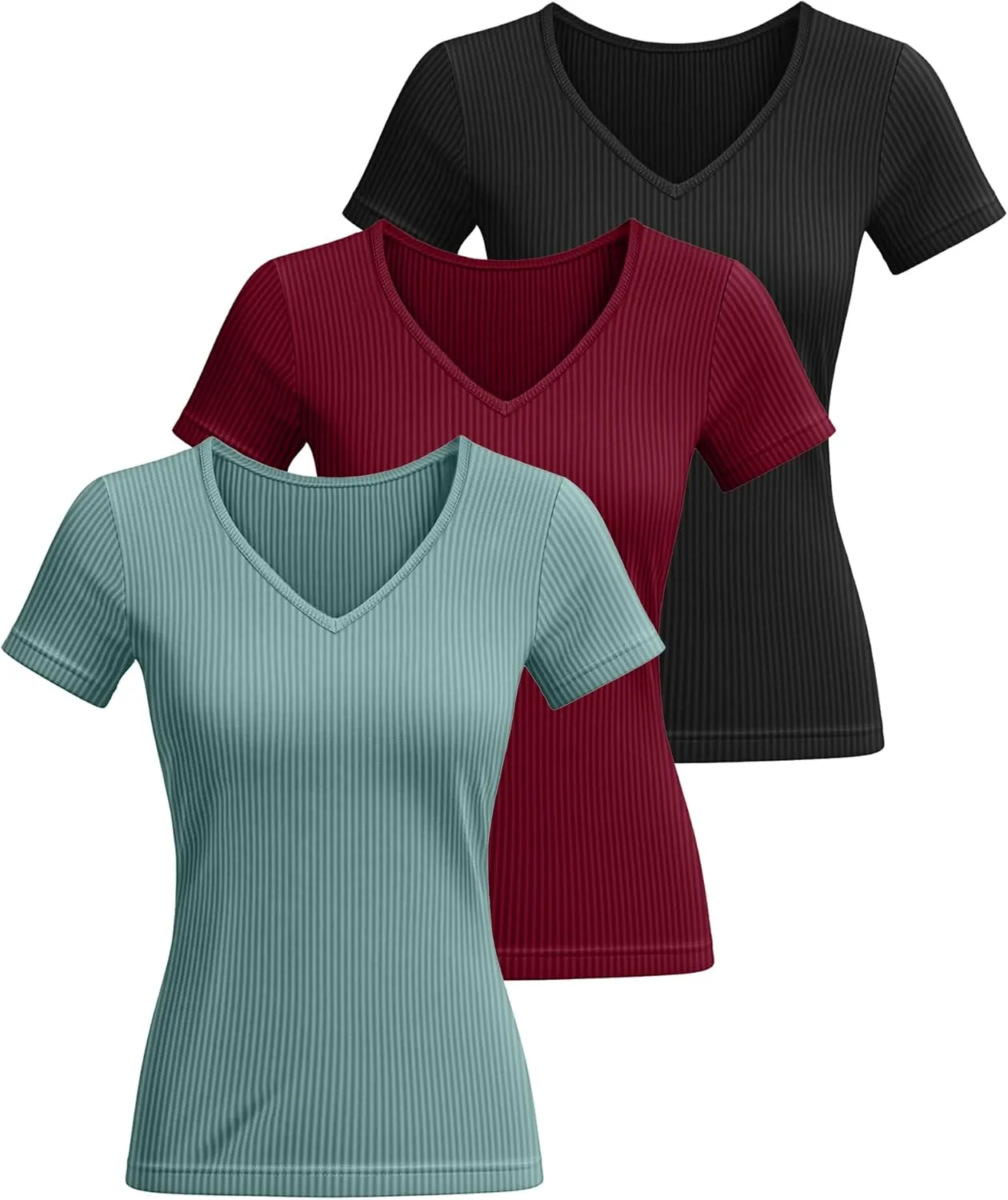 Ficerd 3 Pack Women's Short Sleeve Cotton T-Shirts V Neck Ribbed Slim Fit Tops Ladies' Casual Summer Basic Tee