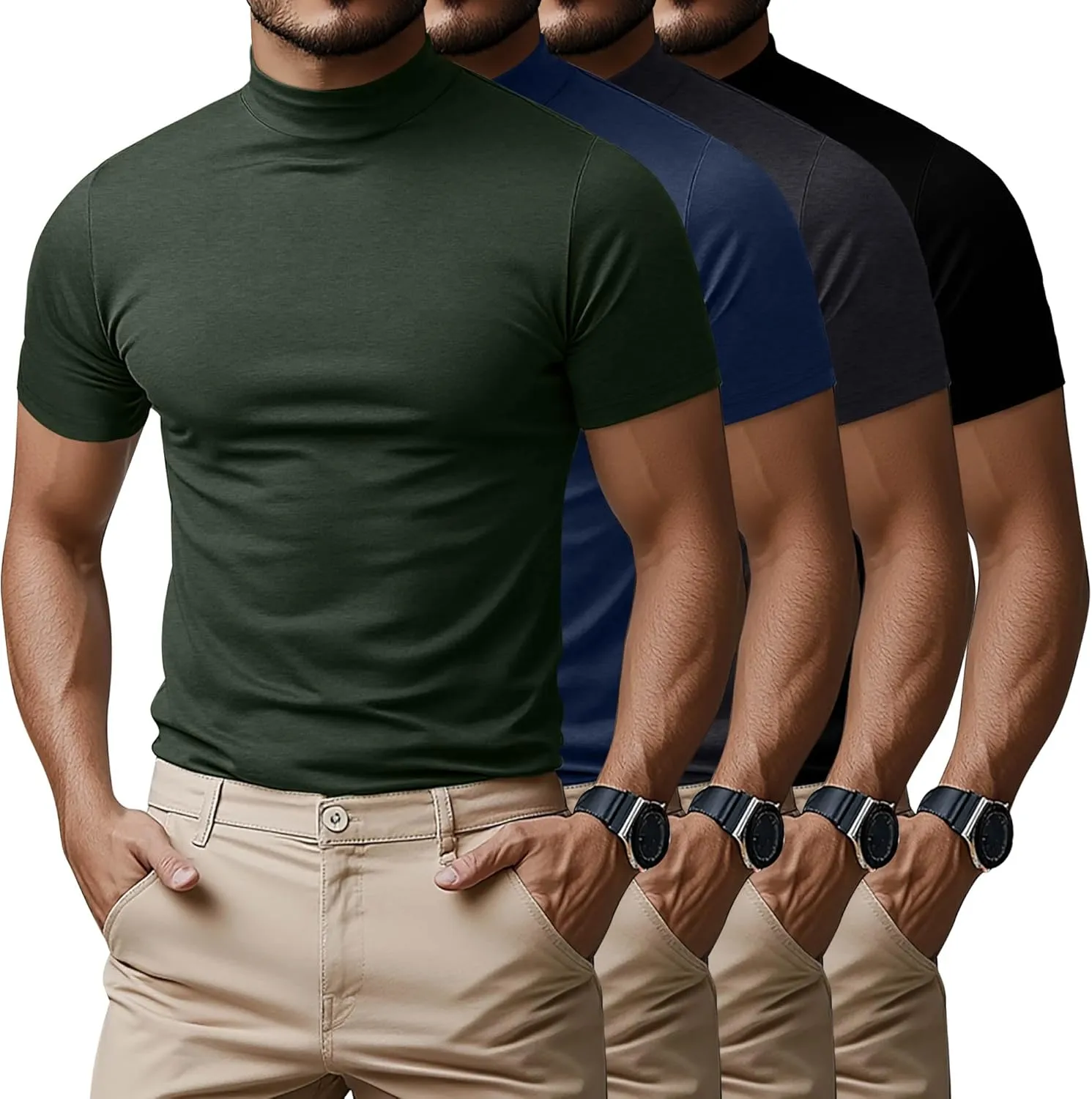 Ficerd 4 Pack Men's Mock Neck T Shirts, Short Sleeve Mock Turtleneck Undershirt Pullover Basic Causal Solid Tee Tops for Men