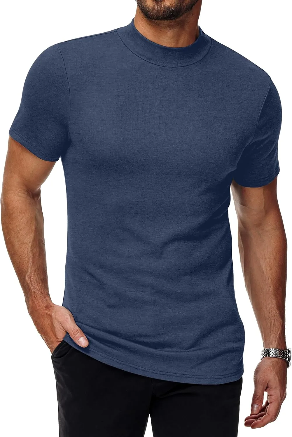 Ficerd 4 Pack Men's Mock Neck T Shirts, Short Sleeve Mock Turtleneck Undershirt Pullover Basic Causal Solid Tee Tops for Men