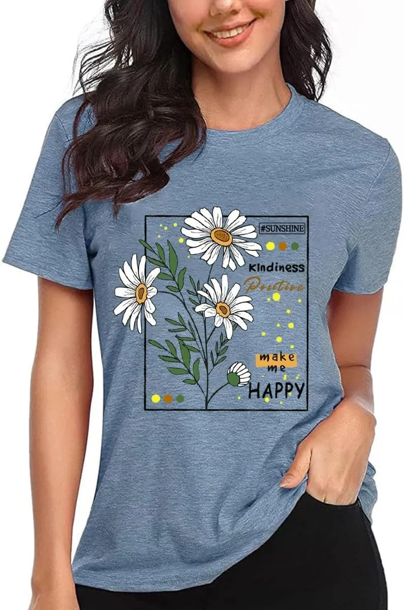 Flower Tshirts Shirts for Women Cute Dandelion Tshirt Casual Short Sleeve Wildflower Floral Heart Print Graphic Tee Tops