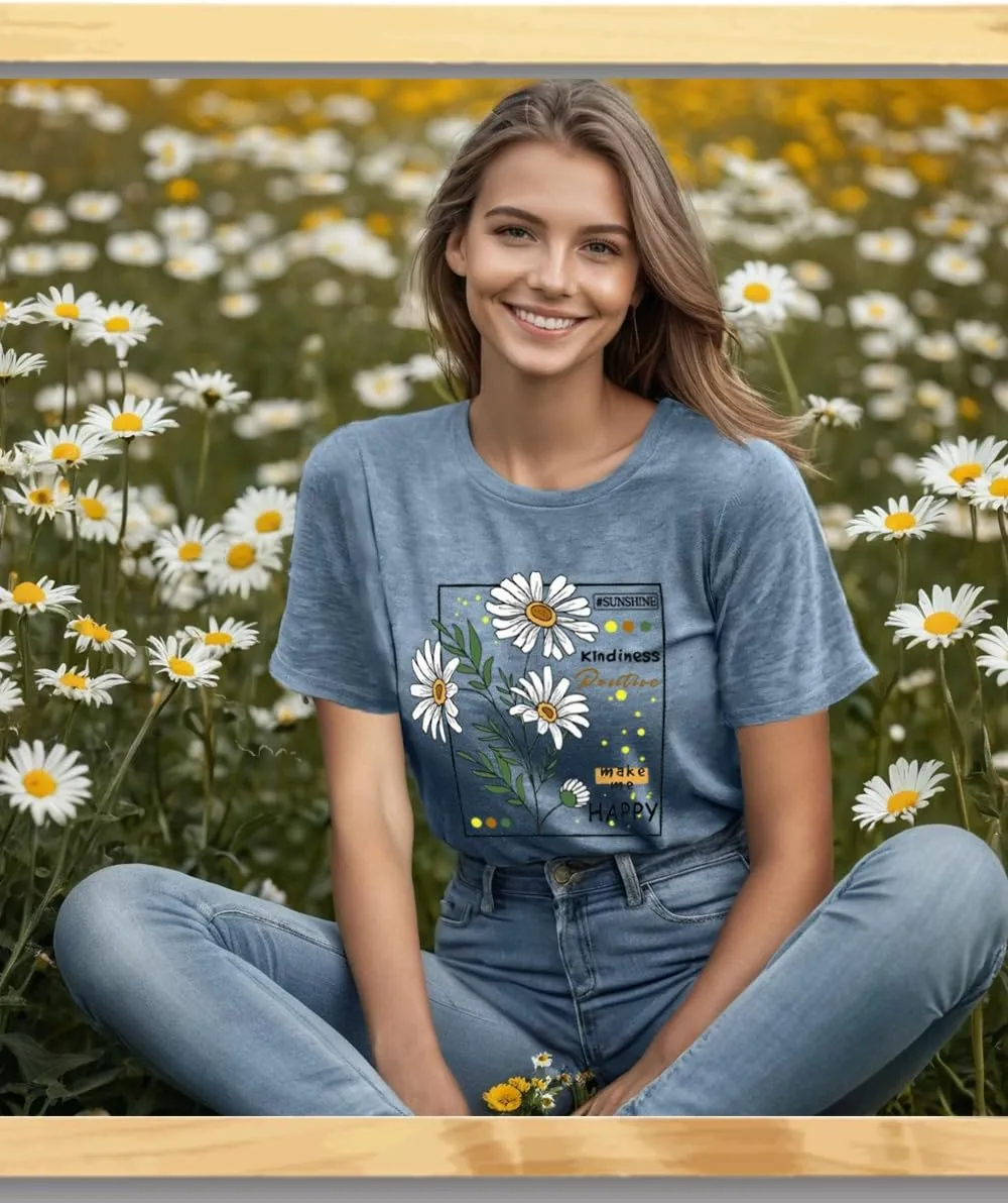 Flower Tshirts Shirts for Women Cute Dandelion Tshirt Casual Short Sleeve Wildflower Floral Heart Print Graphic Tee Tops