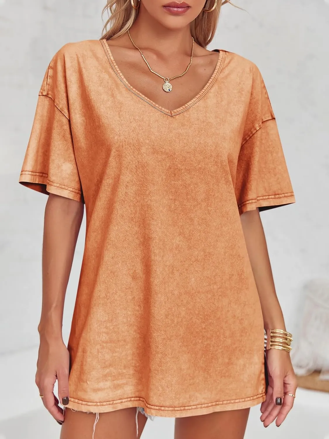 Flowyair Womens Oversized T Shirts Summer Loose Fit Cotton Short Sleeve Basic Tees Casual V Neck Boyfriend Tunic Tops