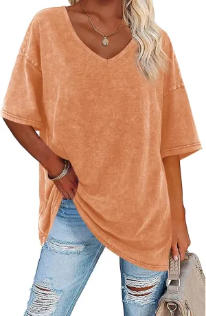 Flowyair Womens Oversized T Shirts Summer Loose Fit Cotton Short Sleeve Basic Tees Casual V Neck Boyfriend Tunic Tops