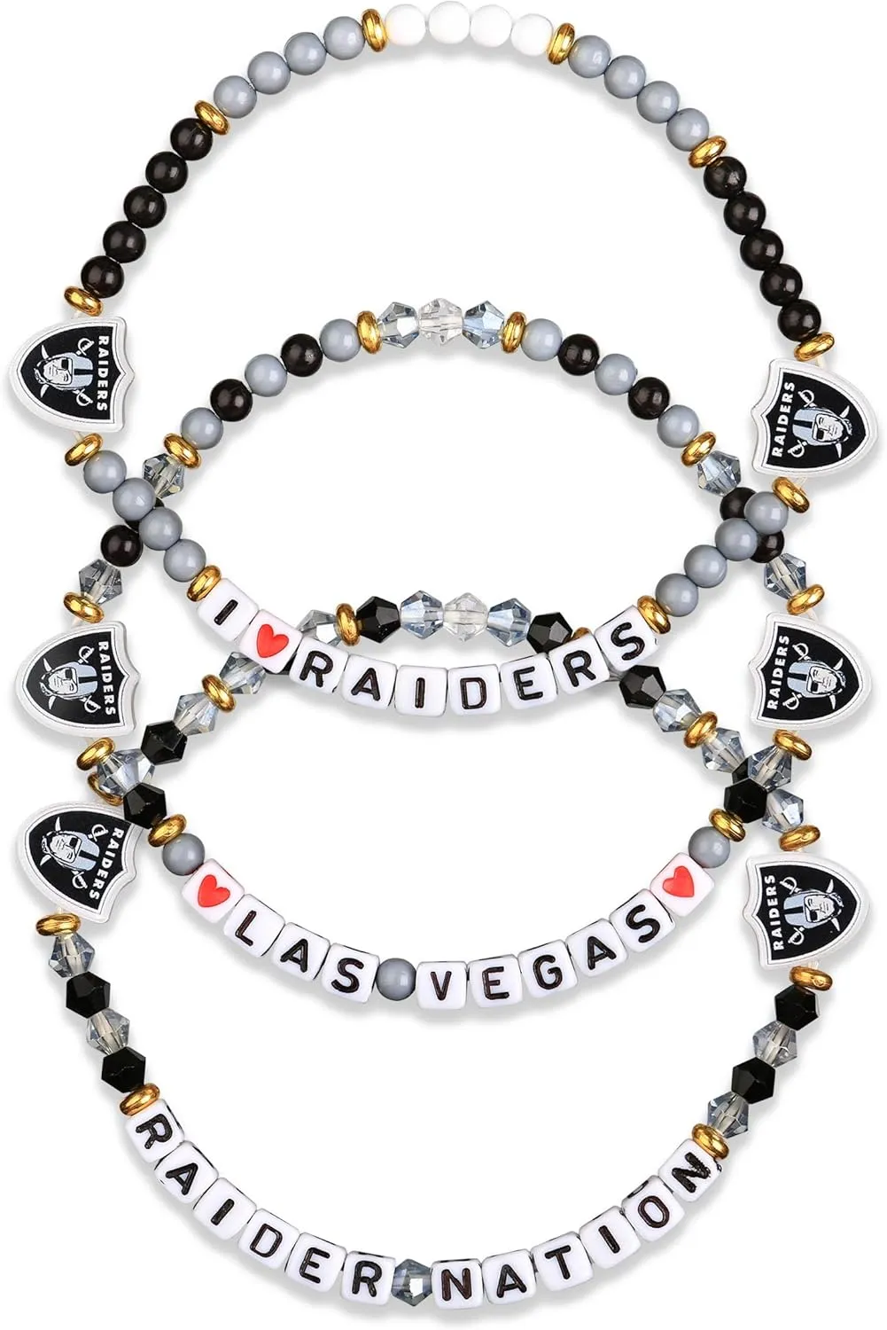 FOCO Las Vegas Raiders NFL 3 Pack Team Friendship Bracelet, Gems, One Size