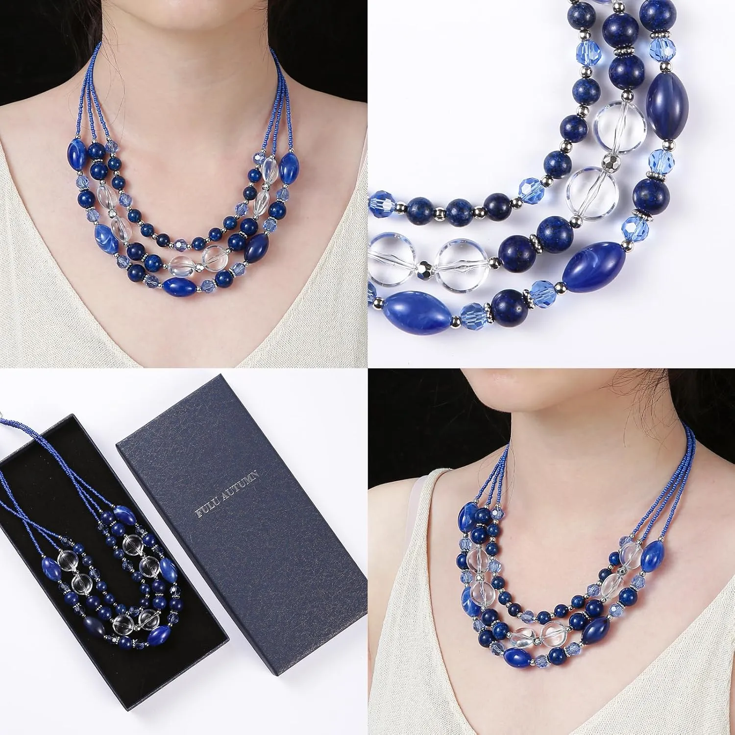 FULU AUTUMN Chunky Layered Beaded Necklaces for Women Multi Strand Statement Necklace Fashion Jewelry Birthday Gifts for Mom