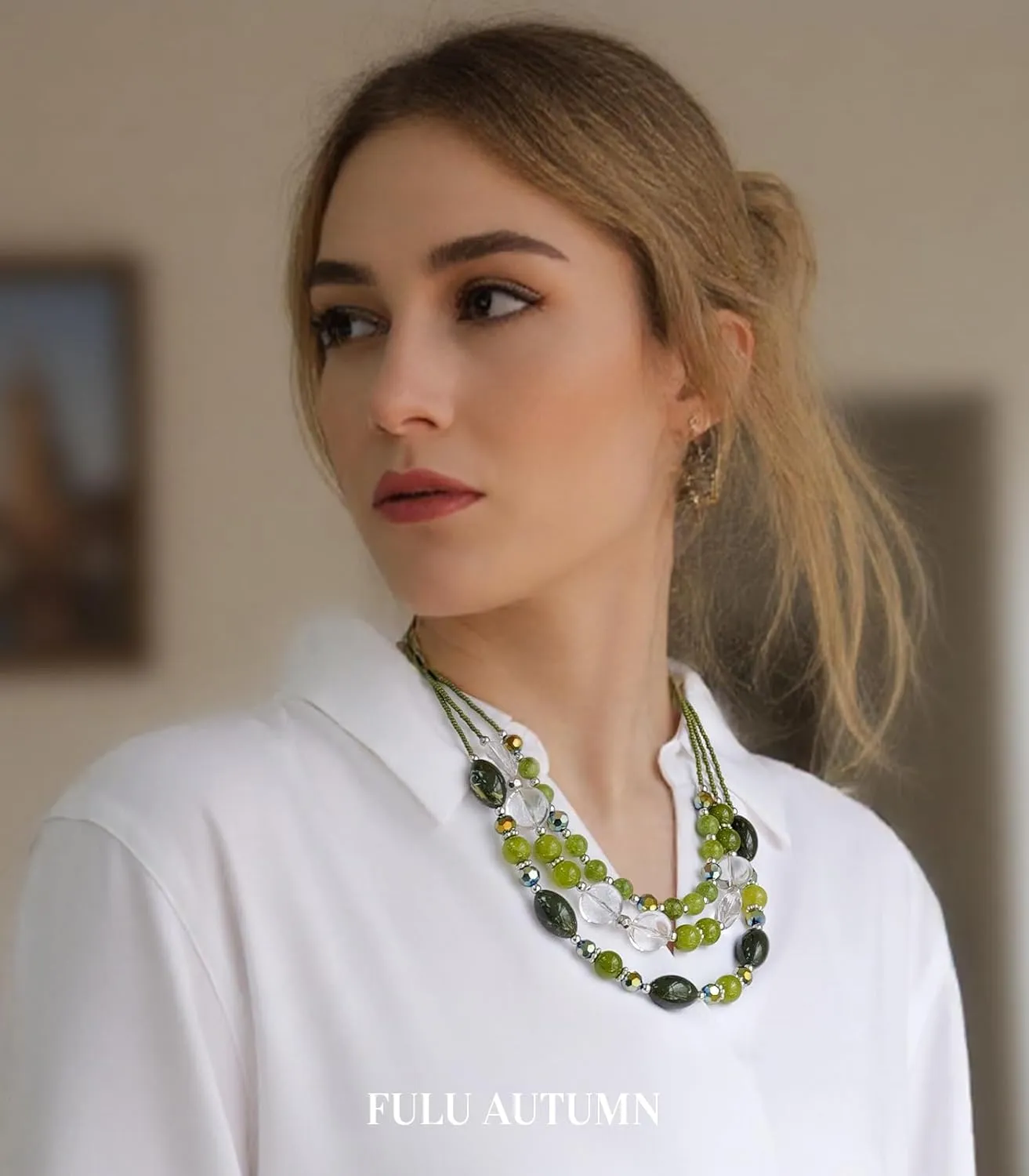 FULU AUTUMN Chunky Layered Beaded Necklaces for Women Multi Strand Statement Necklace Fashion Jewelry Birthday Gifts for Mom