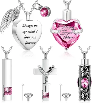 Fumete 5 Pcs Ashes Urn Necklace Keepsake Cremation Heart Cross Cubic Jewelry for Ashes Stainless Steel Memorial Locket Urn Keepsake Necklace for Women Men Loved Ones, 5 Styles