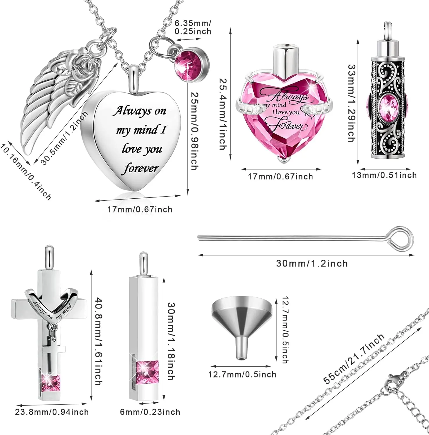 Fumete 5 Pcs Ashes Urn Necklace Keepsake Cremation Heart Cross Cubic Jewelry for Ashes Stainless Steel Memorial Locket Urn Keepsake Necklace for Women Men Loved Ones, 5 Styles