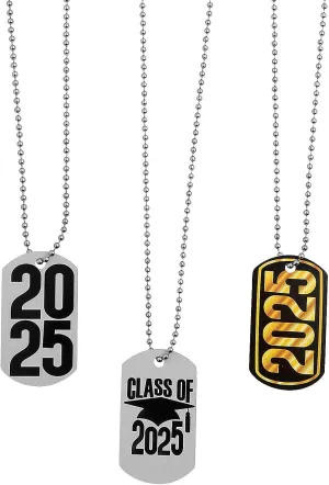 Fun Express 24" 2025 Graduation Metal Dog Tag Necklaces - 12 Pieces