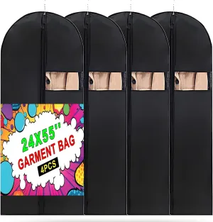 Garment Bag, 24'' x 55'' Suit Bag, 4 Packs, Dress Bags for Gowns, Garment Bags for Travel, Travel Garment Bag, Garment Bags for Hanging Clothes, Washable Suit Cover for Suits, Coats (Black)