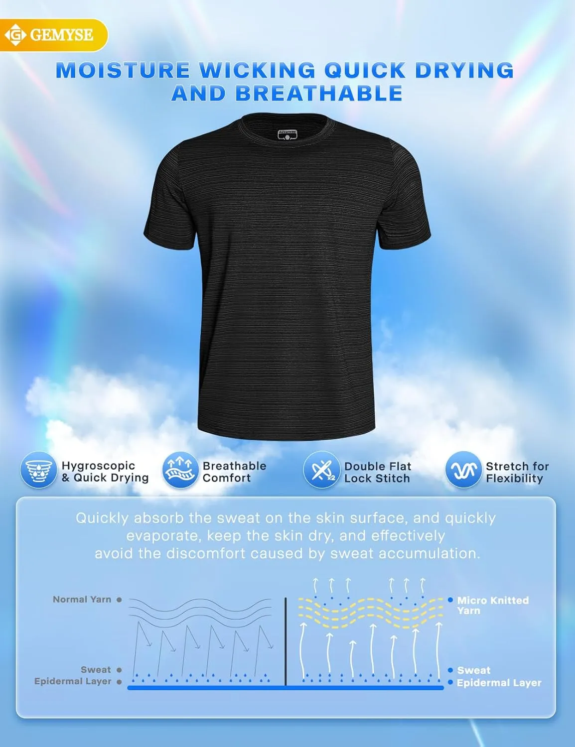 GEMYSE Men's Running Short Sleeve Shirt Sun Protection Quick Dry Moisture Wicking T-Shirts UPF 50  for Workout