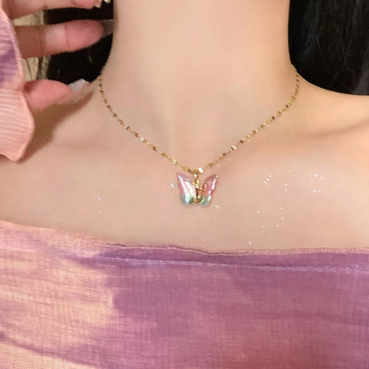 GIGB PBDK Colourful Crystal Butterfly Necklace for Women,Bohemia Adjustable Butterfly Wing Pendant Choker,Cute Rhinestone Butterfly Necklace Fairy Jewelry Gift