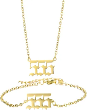Gold Angel Number Necklace Bracelets for Women, 111 222 333 444 555 666 777 888 999 Dainty Pendants Necklace Bracelets Personalized Number Chain Necklace Bracelets set