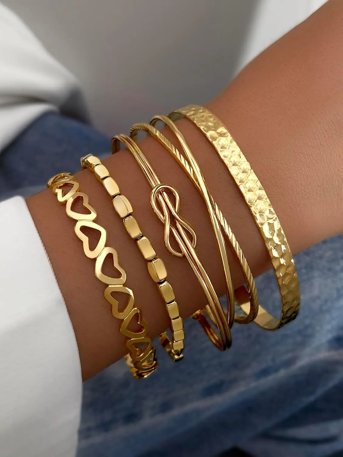Gold Bangle Bracelets Set for Women, 14k Gold Plated Multi Layer Stackable Cuff Bracelets, Personalized Boho Non Tarnish Adjustable Bangle Jewelry Gift for Her