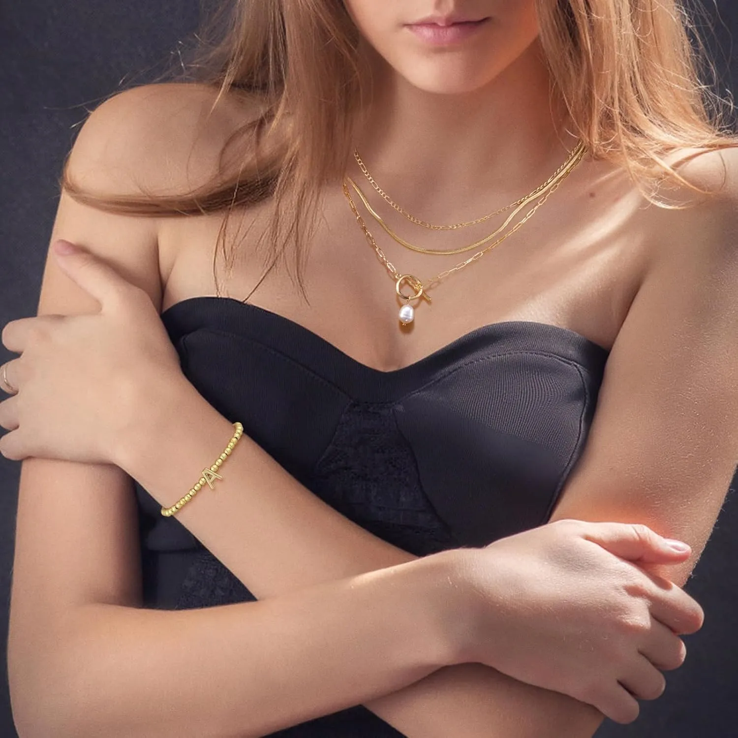 Gold Beaded Bracelets for Women, 14K Gold Plated C Initial Bracelets Trendy Strand Stretch Bracelet Dainty Gold Letter Bracelet for Women Jewelry Gifts