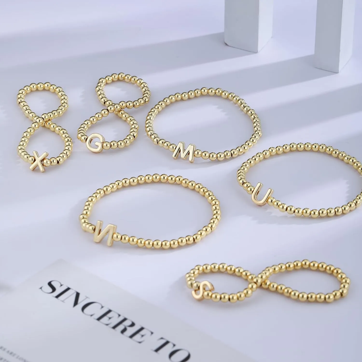 Gold Beaded Bracelets for Women, 14K Gold Plated C Initial Bracelets Trendy Strand Stretch Bracelet Dainty Gold Letter Bracelet for Women Jewelry Gifts