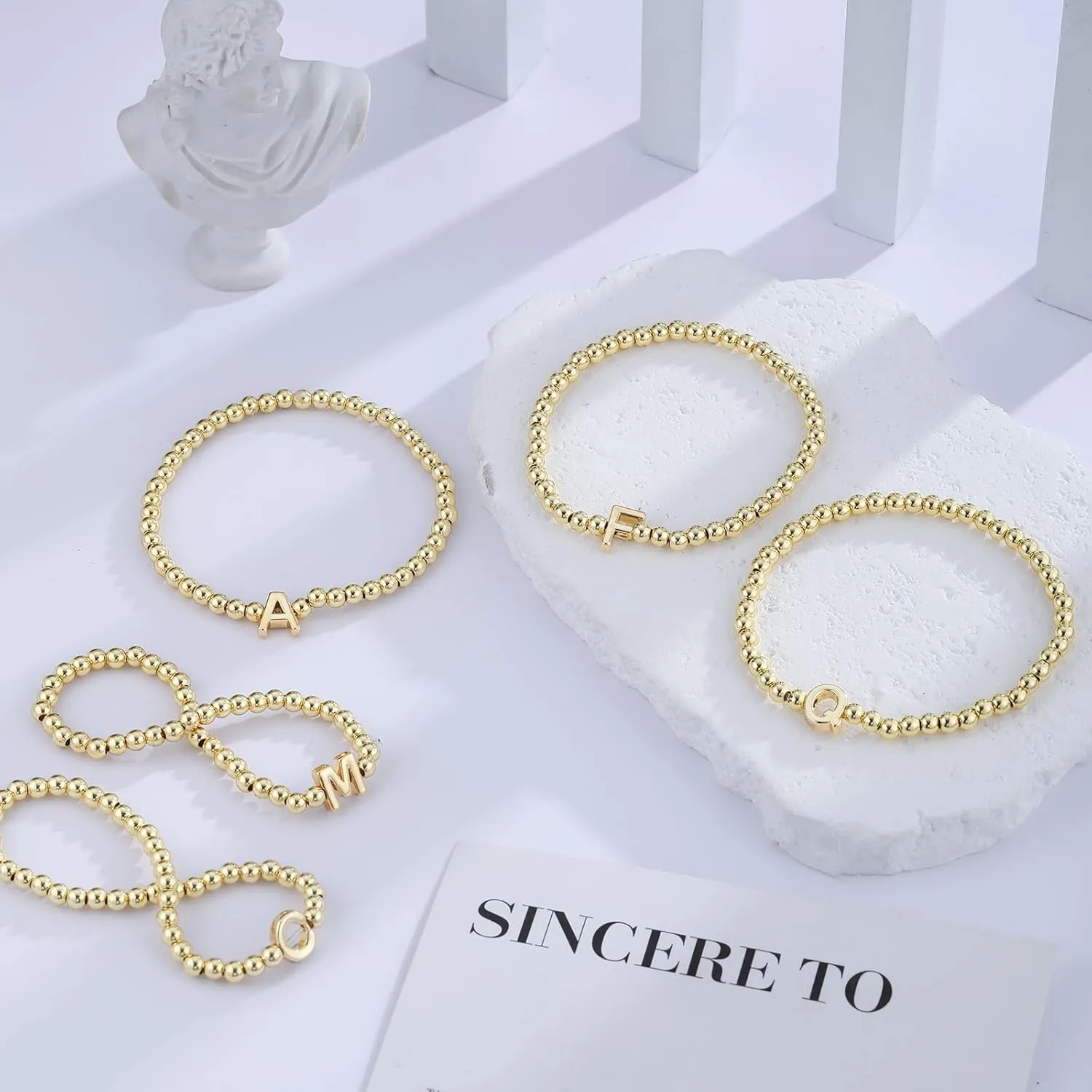 Gold Beaded Bracelets for Women, 14K Gold Plated C Initial Bracelets Trendy Strand Stretch Bracelet Dainty Gold Letter Bracelet for Women Jewelry Gifts