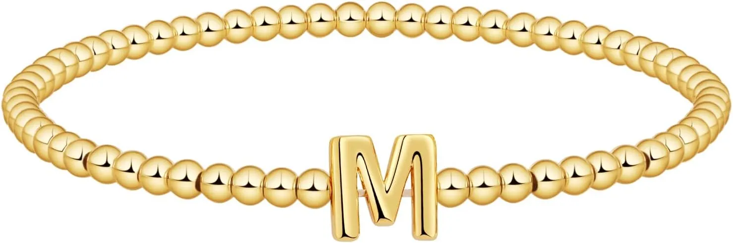 Gold Beaded Bracelets for Women, 14K Gold Plated C Initial Bracelets Trendy Strand Stretch Bracelet Dainty Gold Letter Bracelet for Women Jewelry Gifts