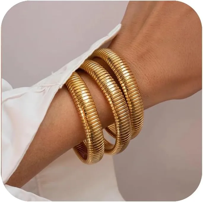 Gold Bracelets for Women, Gold Bangles for Women Chunky Bangle Bracelets for Women Bracelets Stack Tarnish Free Gold Jewelry Set of 3 for Women Accessories for Her Gifts