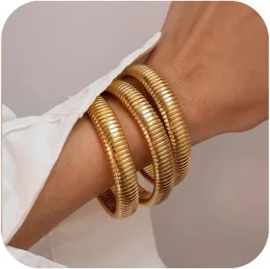 Gold Bracelets for Women, Gold Bangles for Women Chunky Bangle Bracelets for Women Bracelets Stack Tarnish Free Gold Jewelry Set of 3 for Women Accessories for Her Gifts