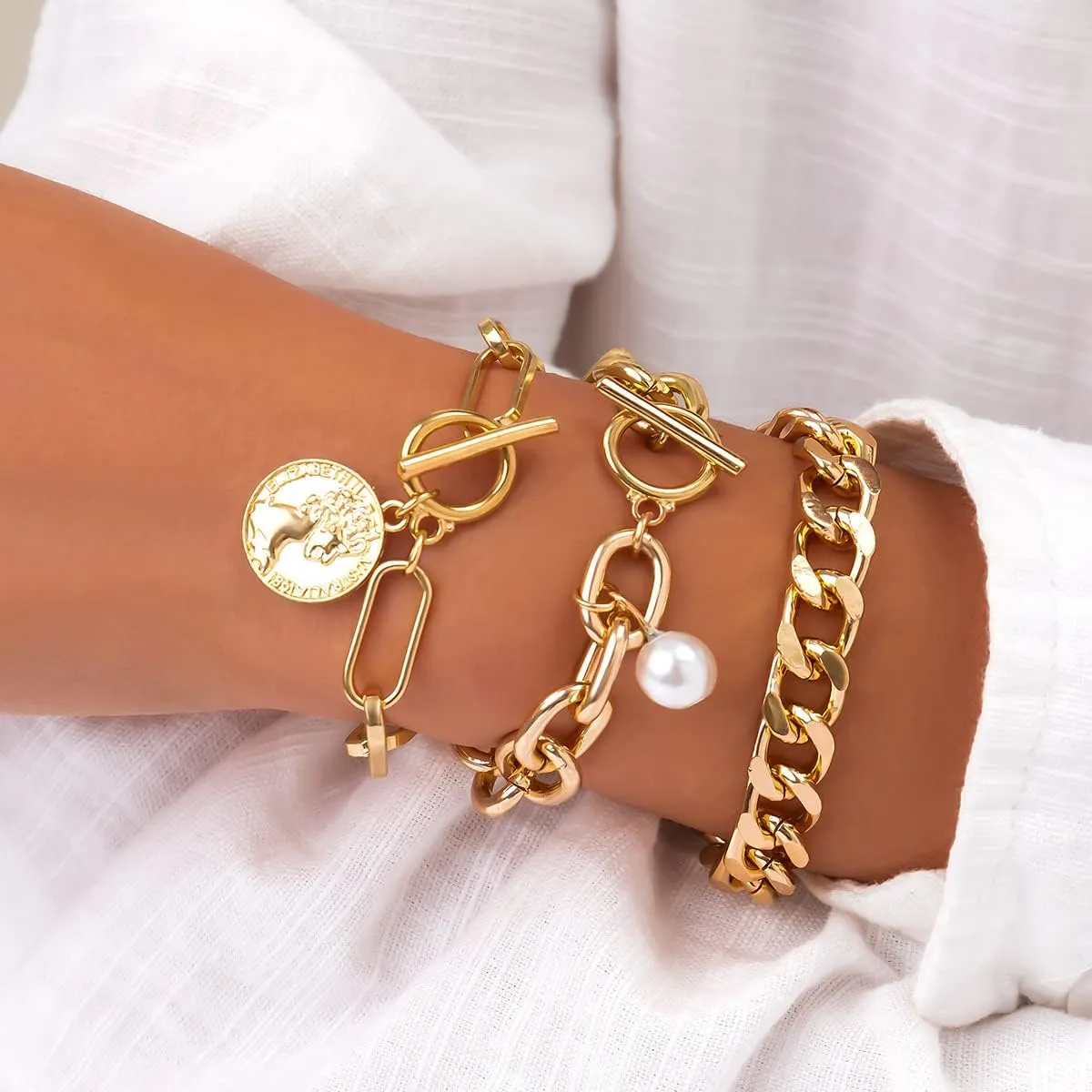 Gold Chain Link Crystal Bracelet Set for Women Dainty Baroque Pearl Beaded Stackable Cuban Link Bracelets Plated Minimalist Paperclip Ankle Wristbands Jewelry for Punk Hiphop Party