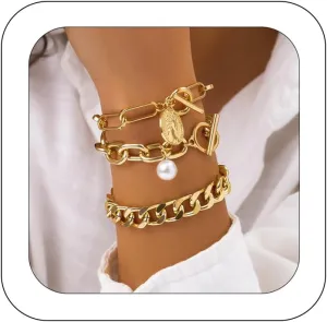 Gold Chain Link Crystal Bracelet Set for Women Dainty Baroque Pearl Beaded Stackable Cuban Link Bracelets Plated Minimalist Paperclip Ankle Wristbands Jewelry for Punk Hiphop Party