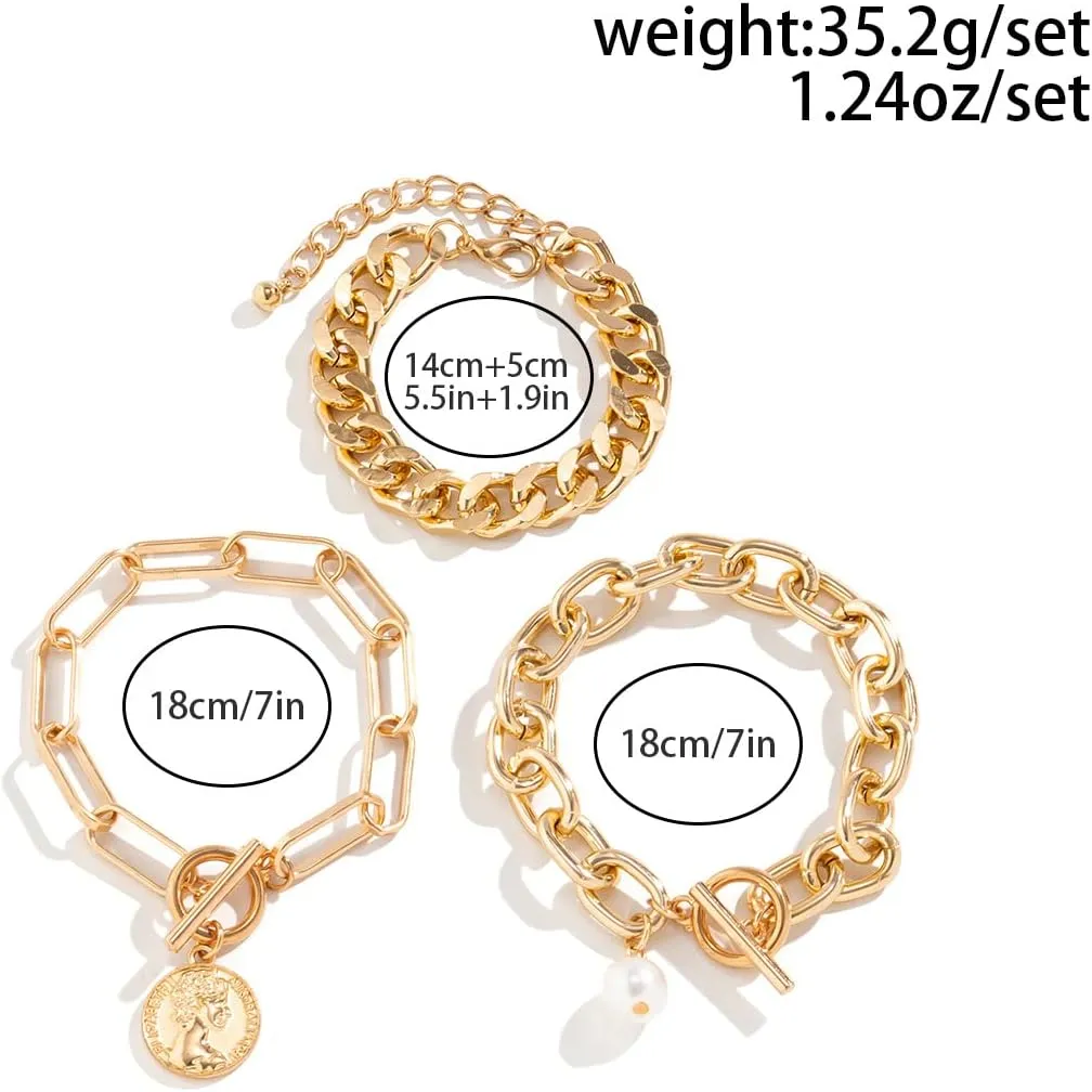 Gold Chain Link Crystal Bracelet Set for Women Dainty Baroque Pearl Beaded Stackable Cuban Link Bracelets Plated Minimalist Paperclip Ankle Wristbands Jewelry for Punk Hiphop Party