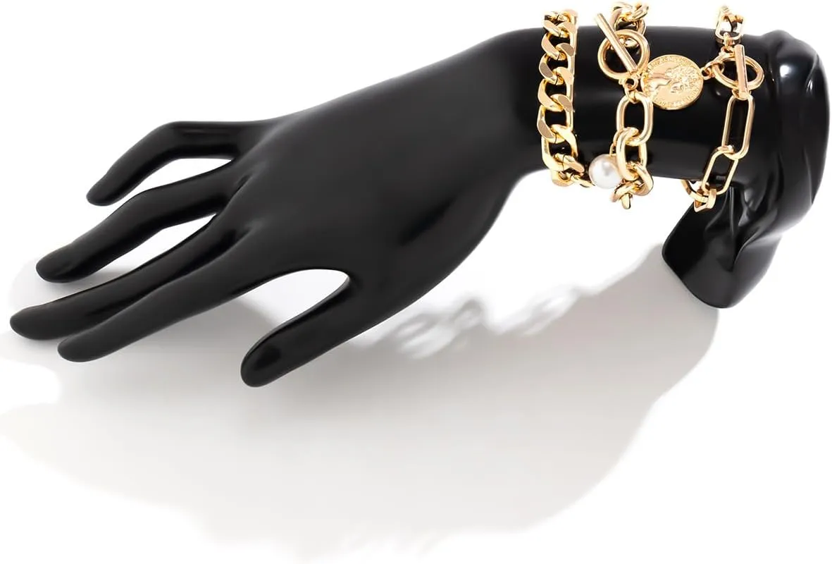 Gold Chain Link Crystal Bracelet Set for Women Dainty Baroque Pearl Beaded Stackable Cuban Link Bracelets Plated Minimalist Paperclip Ankle Wristbands Jewelry for Punk Hiphop Party