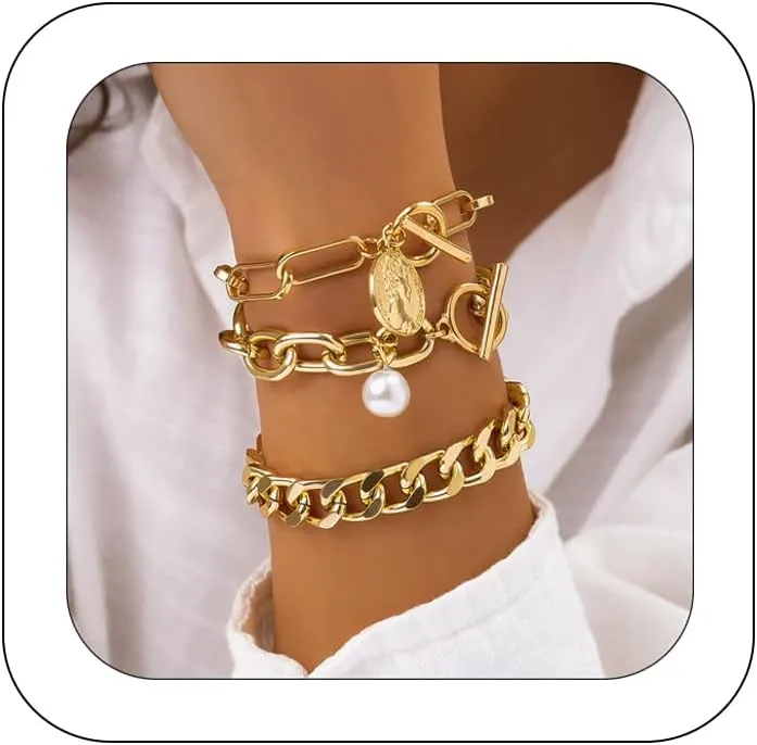 Gold Chain Link Crystal Bracelet Set for Women Dainty Baroque Pearl Beaded Stackable Cuban Link Bracelets Plated Minimalist Paperclip Ankle Wristbands Jewelry for Punk Hiphop Party