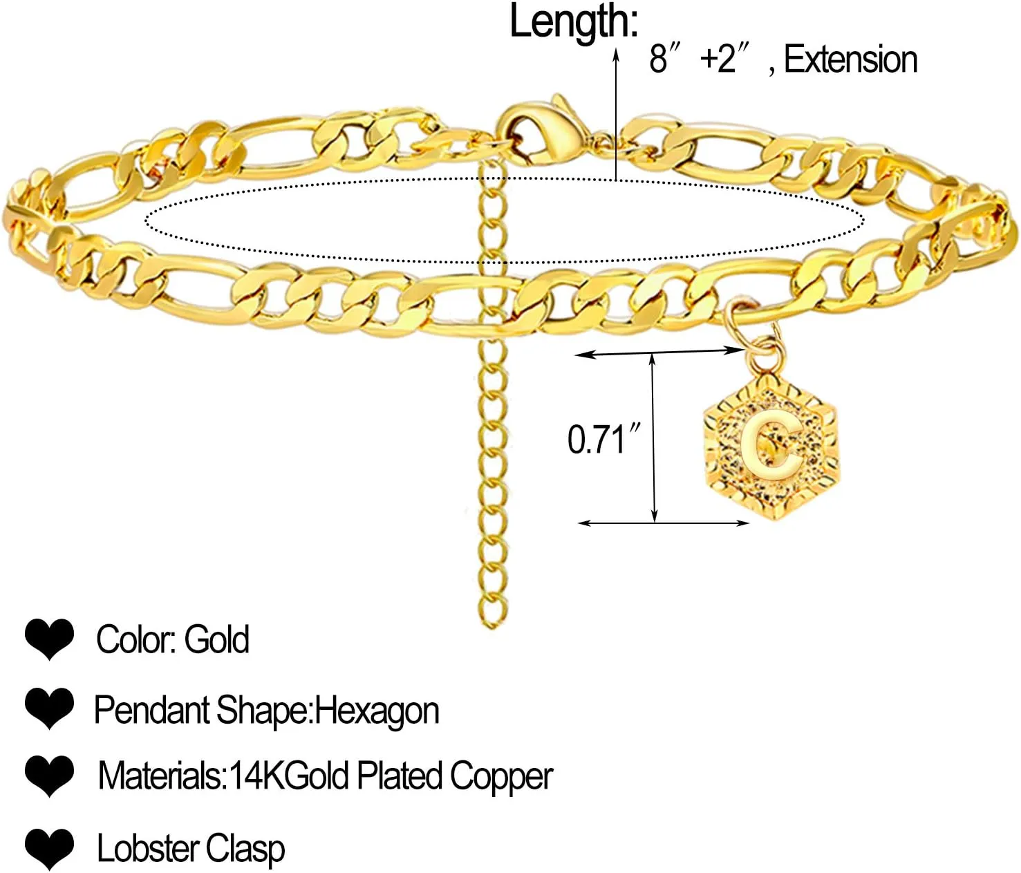 Gold Initial Bracelet for Women Cuban Chain Bracelets with Initials 26 Letters Ankle Bracelet with Letter Alphabet Bracelets