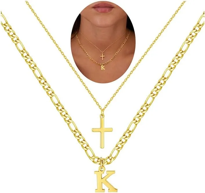 Gold Layered Initial Cross Necklaces For Women,14K Gold Plated Letter Necklace ,Gold Cross Pendant Choker Necklace,Trendy Cute Personalized Monogram Name Necklace ,Gold Jewelry Necklace for Women Gift