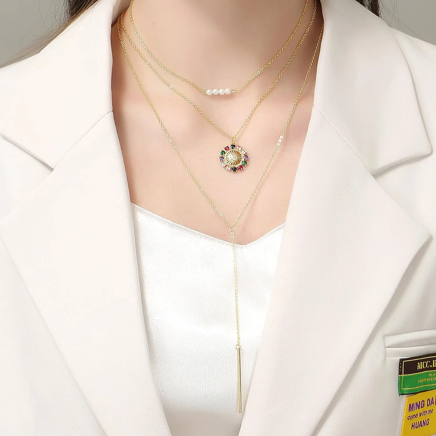 Gold Layered Necklaces for Women Dainty Layered Choker Necklace, Handmade 14K Real Gold Plated Y Pendant Necklace Multilayer Heart Necklace Adjustable Layering Pearls Purple Amethyst Choker Necklaces Jewelry Gift