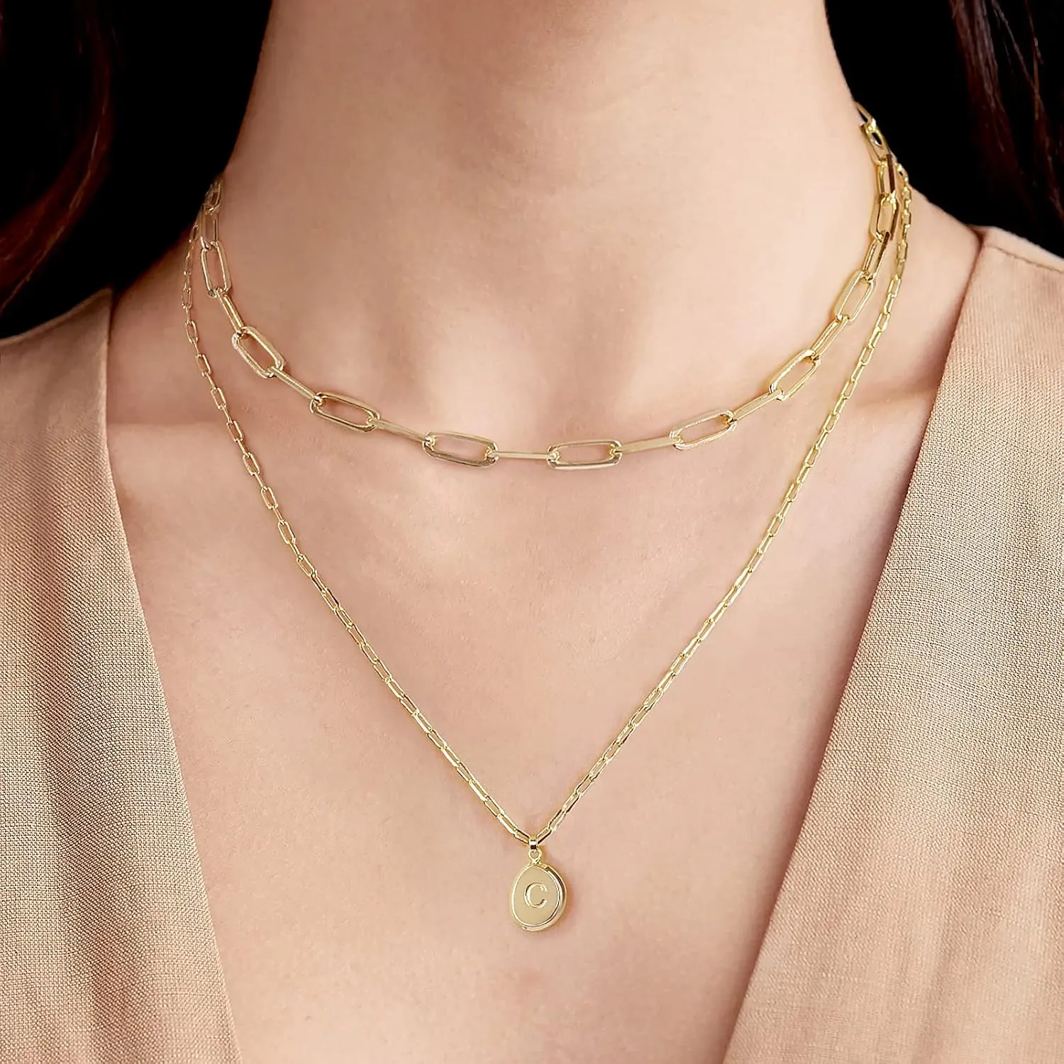 Gold Layered Necklaces with Initials, 14K Gold Plated Chokers for Women