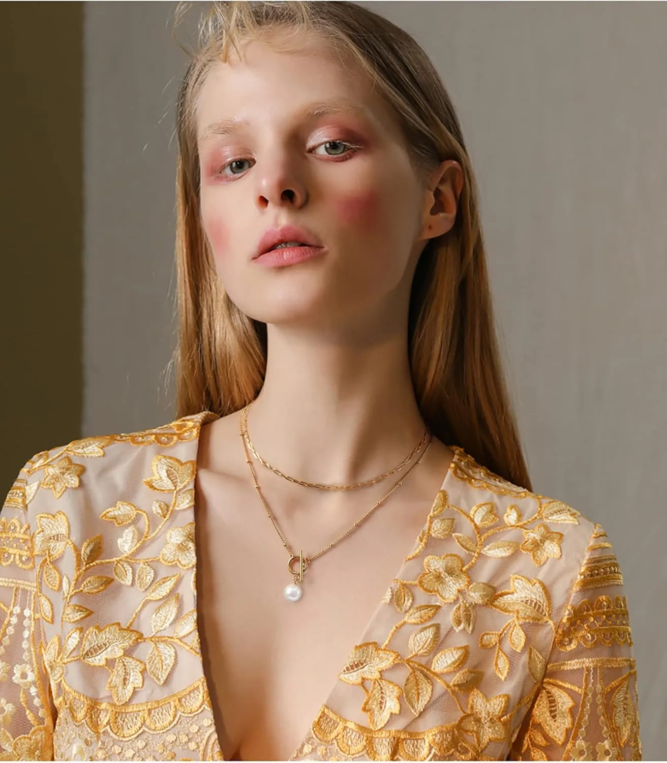 Gold Layered Pearl Pendant Necklaces, 18K Gold Plated Initial Paperclip Link Chain Necklace Jewelry Gifts for Women