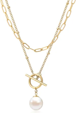 Gold Layered Pearl Pendant Necklaces, 18K Gold Plated Initial Paperclip Link Chain Necklace Jewelry Gifts for Women
