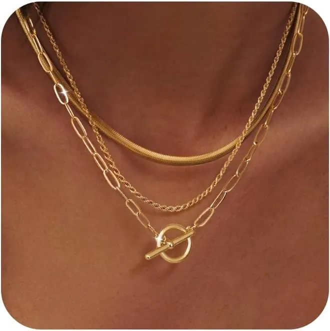 Gold Layered Toggle Necklaces for Women: 14K Gold Plated Dainty Link Chain Necklaces Paperclip Cuban Rope Adjustable Choker T-Bar Toggle Clasp Chunky Necklace for Women Trendy Jewelry