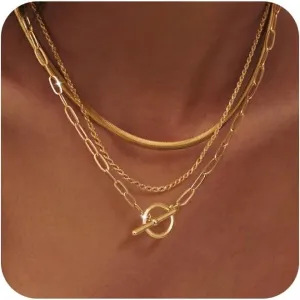Gold Layered Toggle Necklaces for Women: 14K Gold Plated Dainty Link Chain Necklaces Paperclip Cuban Rope Adjustable Choker T-Bar Toggle Clasp Chunky Necklace for Women Trendy Jewelry