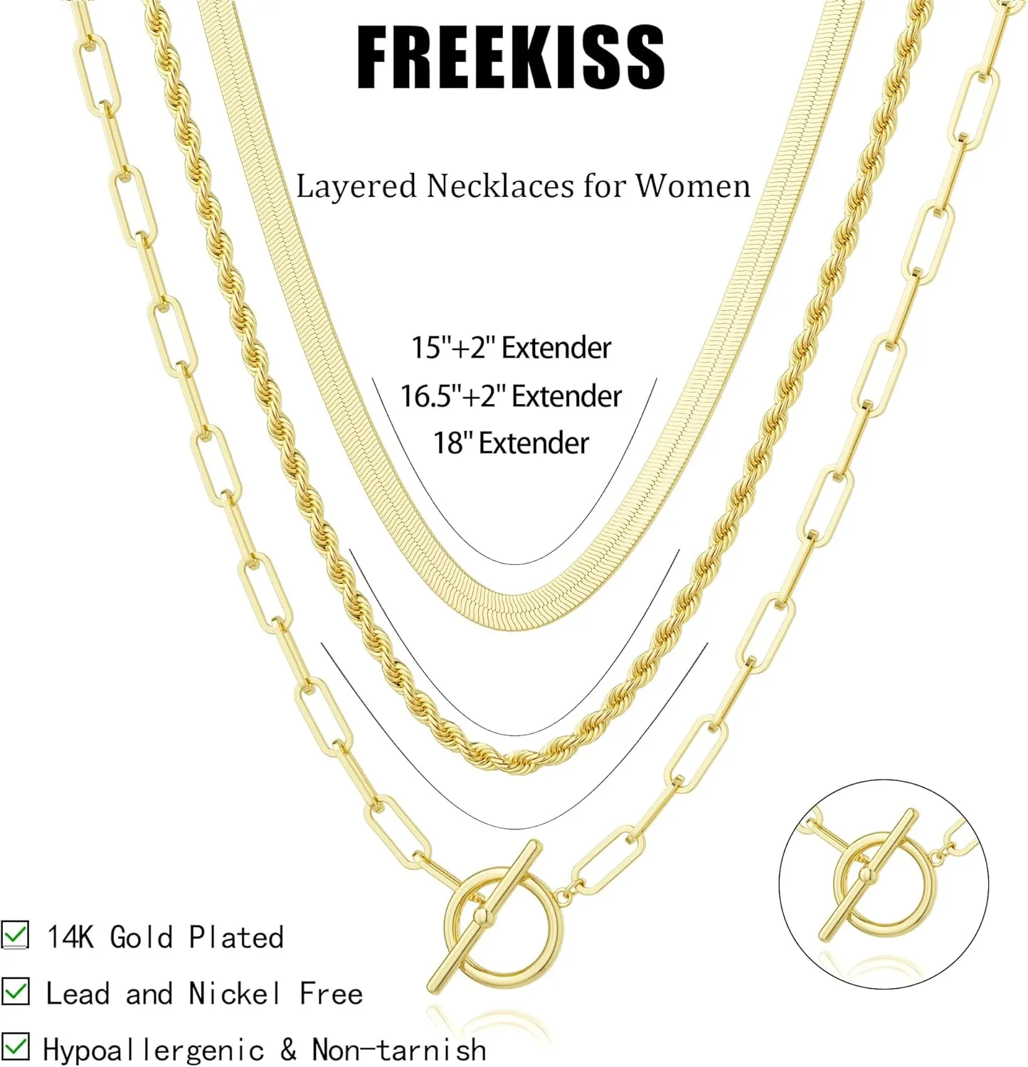 Gold Layered Toggle Necklaces for Women: 14K Gold Plated Dainty Link Chain Necklaces Paperclip Cuban Rope Adjustable Choker T-Bar Toggle Clasp Chunky Necklace for Women Trendy Jewelry
