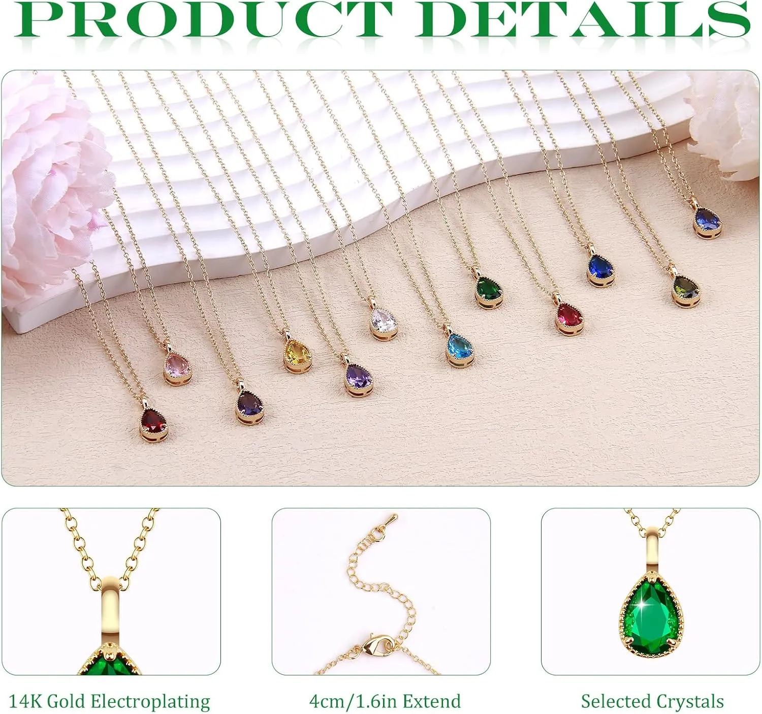 Gold Necklace for Women Necklaces for Women Emerald Necklace Birthstone Necklace 14k Gold Plated Necklace Necklaces for Women Trendy Dainty Teardrop Pendant Necklace Birthday Gifts for Women Jewelry