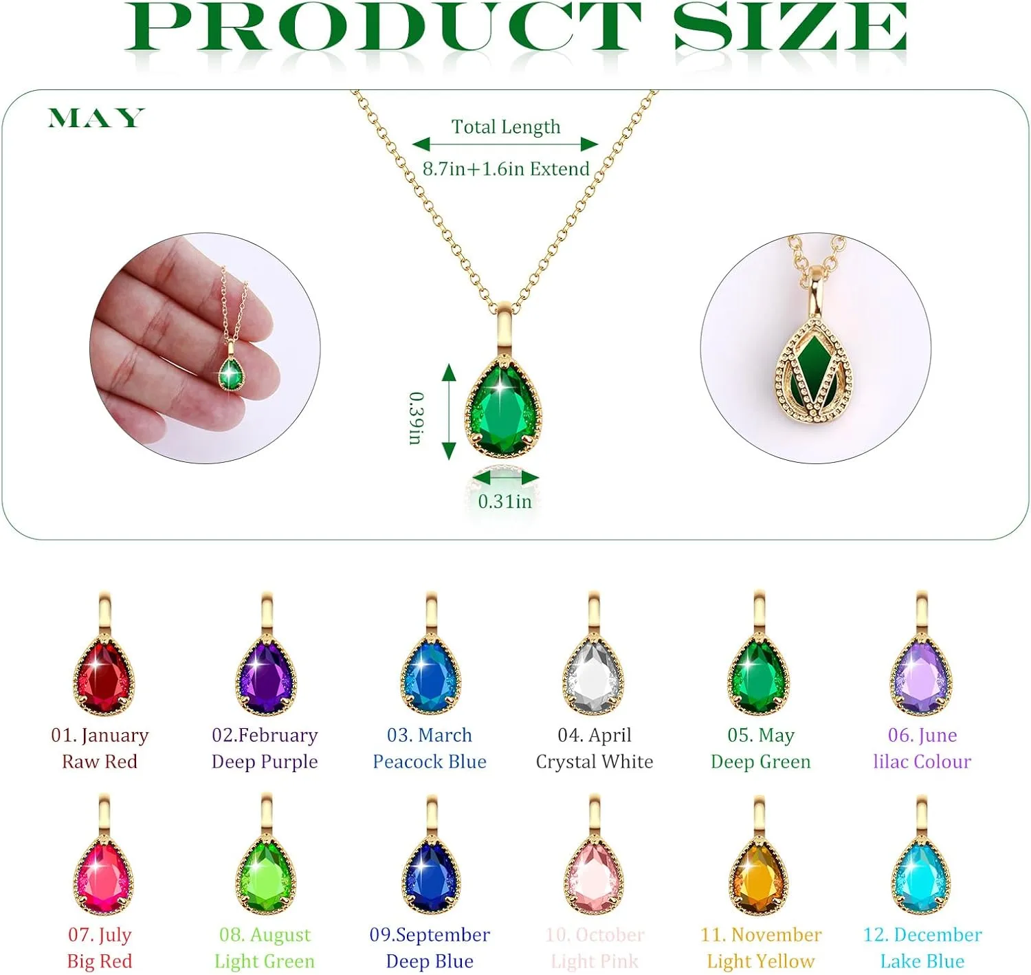 Gold Necklace for Women Necklaces for Women Emerald Necklace Birthstone Necklace 14k Gold Plated Necklace Necklaces for Women Trendy Dainty Teardrop Pendant Necklace Birthday Gifts for Women Jewelry