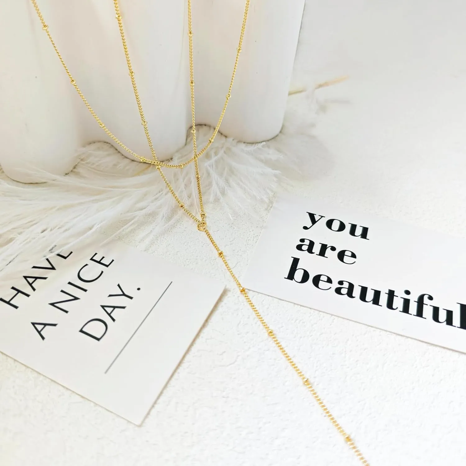 Gold Necklace for Women Trendy Lariat Y Necklace Dainty 14k Gold Plated/Silver Long Necklaces for Women Layered Beaded Drop Necklaces Simple Y-Shaped Chain Jewelry Gifts