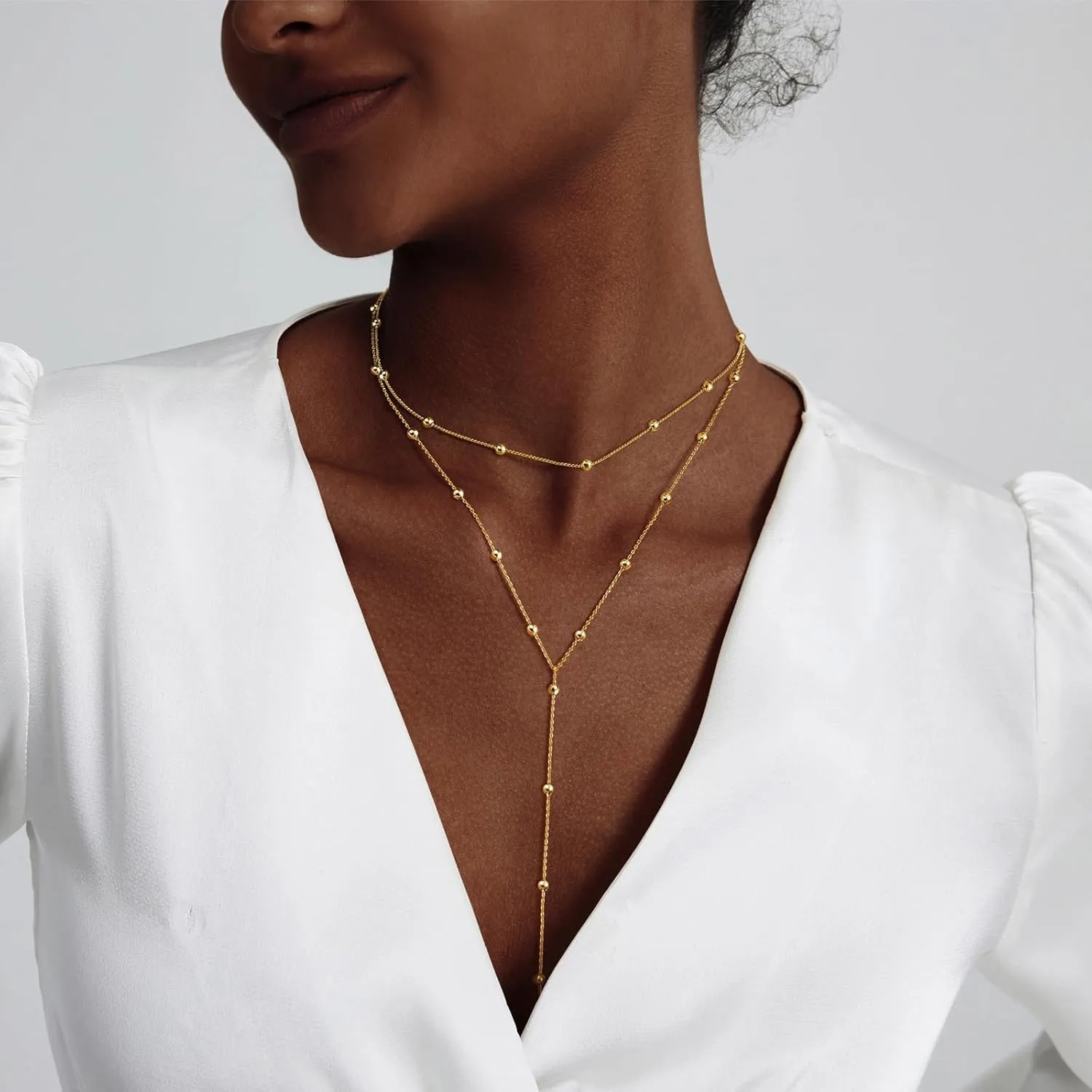Gold Necklace for Women Trendy Lariat Y Necklace Dainty 14k Gold Plated/Silver Long Necklaces for Women Layered Beaded Drop Necklaces Simple Y-Shaped Chain Jewelry Gifts